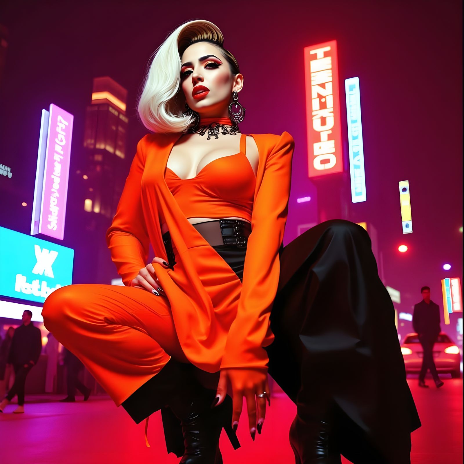 <lora:BehindTheAurA:1.0> Collage, High‑fashion editorial portrait of Lady Gaga, orange and black color palette, cyberpunk dress, haute coutu...