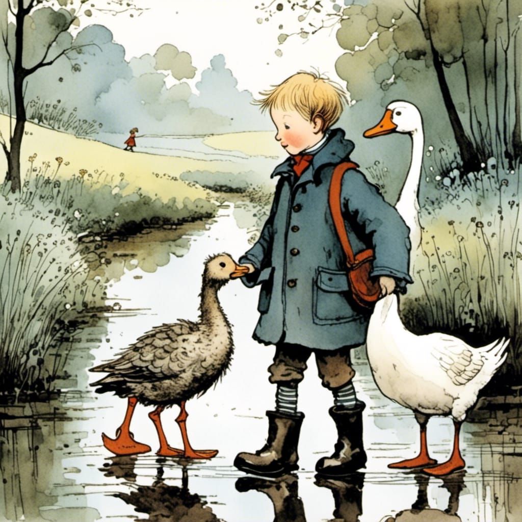 a little boy in rubber boots and his goose go for a walk together, by Quentin Blake, Holly Hobbie and Luis Gabriel Pacheco <lora:an enchante...