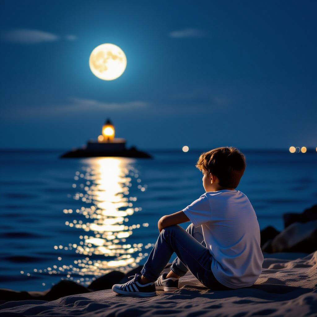 Sad Child Sits Alone by Dark Sea Near Lighthouse