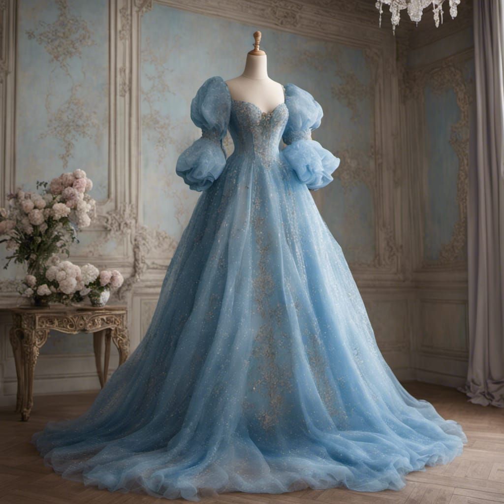 long princess dress on a dress form, blue, sparkling, see tr...