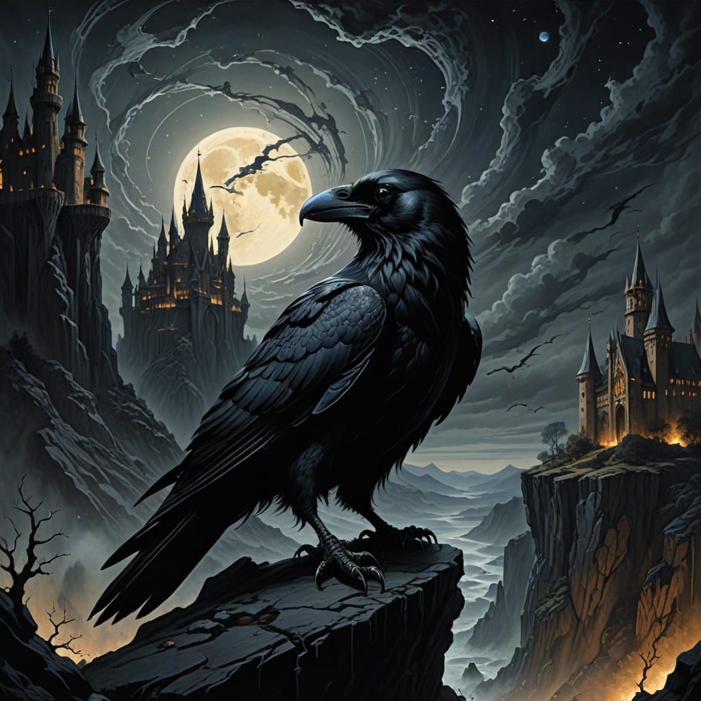 An ancient, obsidian raven with eyes like molten gold soars through a night sky filled with swirling, ...