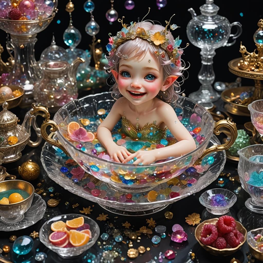 "Portrait of a tiny laughing glitter fairy pixie taking a ba...