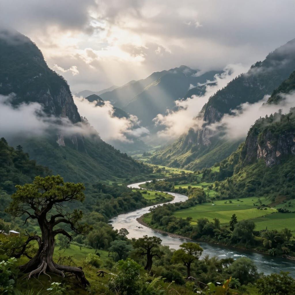 Majestic Mountain Valley Landscape with River and Mist