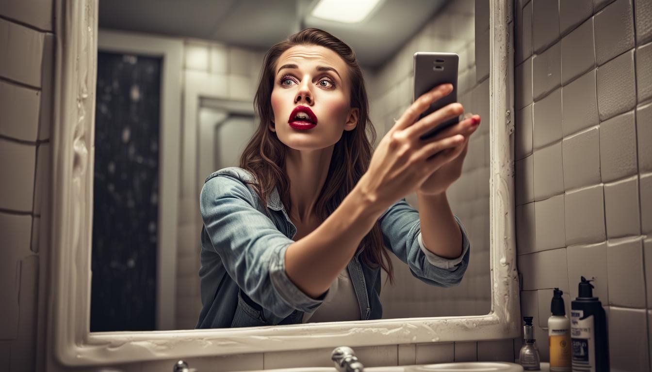 Awkward woman making duck lips while taking a selfie in fron...