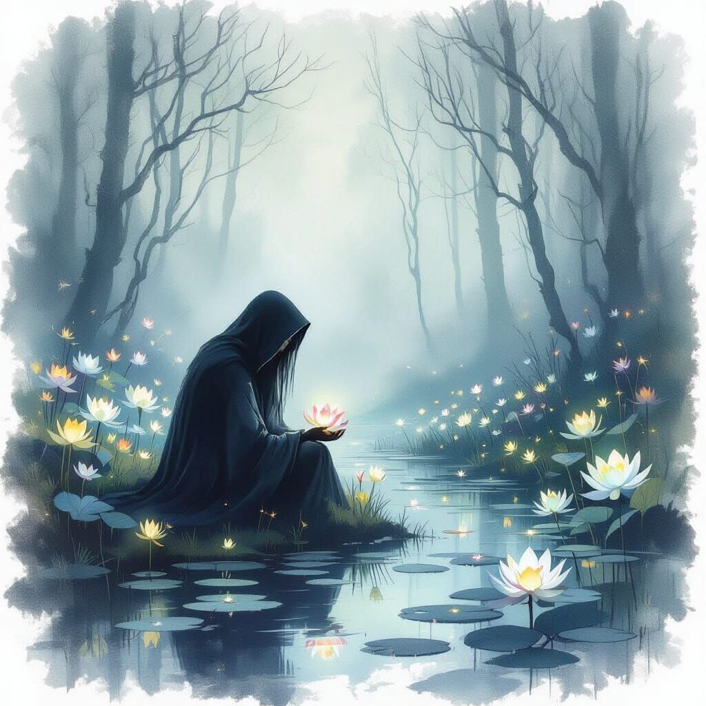 A serene, ethereal landscape where bioluminescent flora illuminates a hidden forest grove. A spectral figure, cloaked and mysterious, contem...