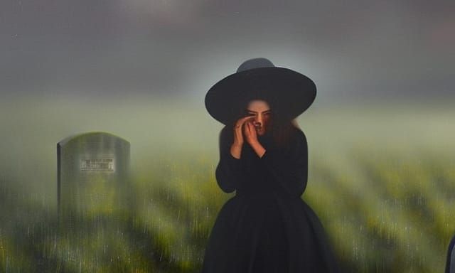 Grieving Woman in Cemetery: Oil Painting