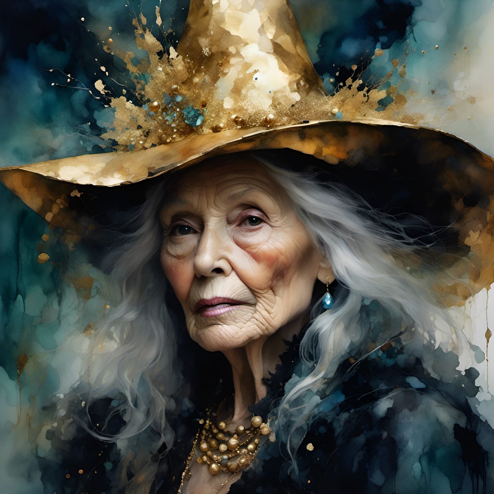 Old witch with a golden hat