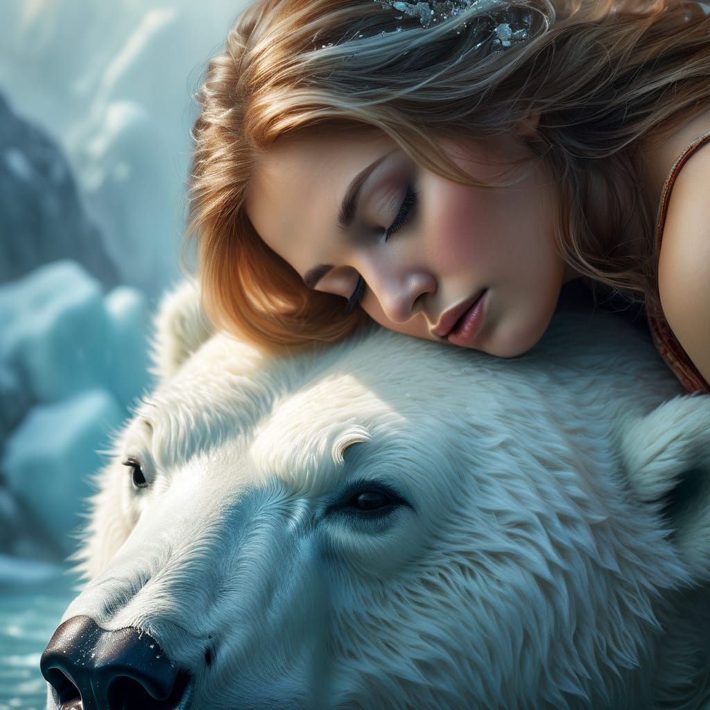 A beautiful Woman is resting her head on the head of a Polar bear