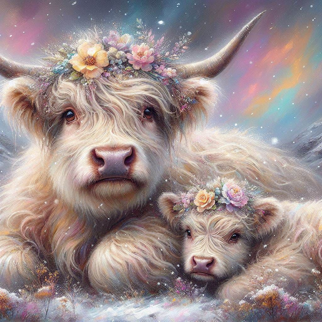 mother highland Coo with her wee little baby calf under a dream pastel sky