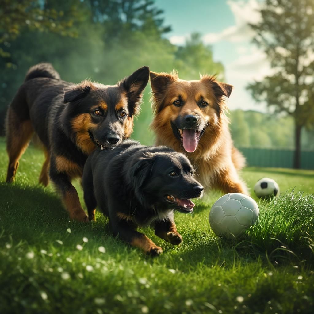 Dogs Play Football in Surreal Sunny Landscape