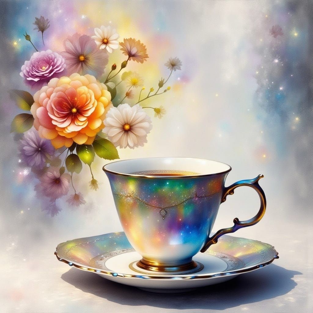 <lora:Still life Intensity:1.0> Silver rainbow still life in watercolor alcohol ink, painting style, hazy swirling, low contrast, pastel, no...