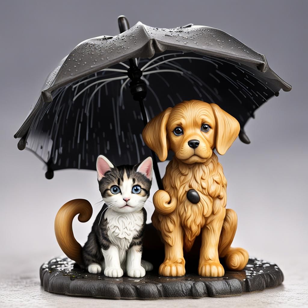 (A puppy) & a (kitten)  sheltering under an umbrella, in a h...