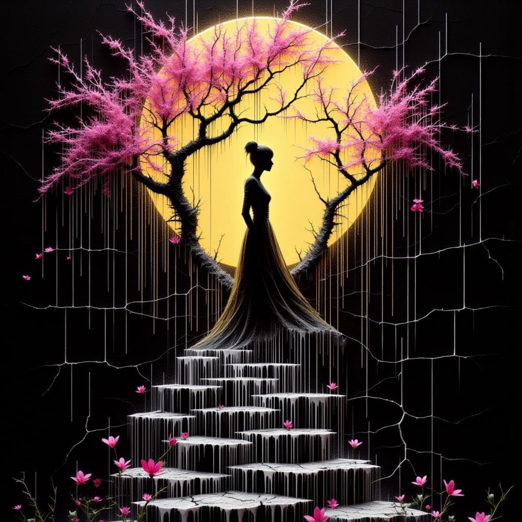 Beautiful queen silhouette on (weird maze-like stairs) leading to the moon. Swirling long dress and hair. Bright pink blossom Sakuratree. Go...