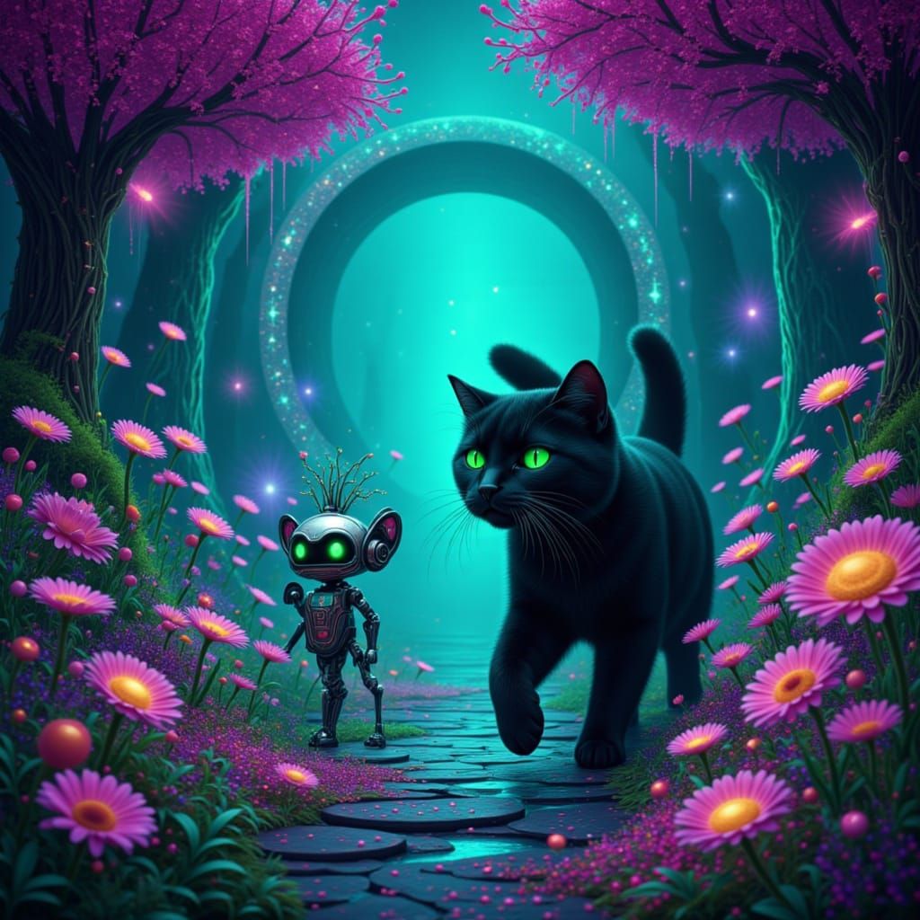 Albus The Cat with pure black velvet fur and emerald green eyes, and a Sunfairy bot, stepping out of a portal, in the style of <lora:Mischie...