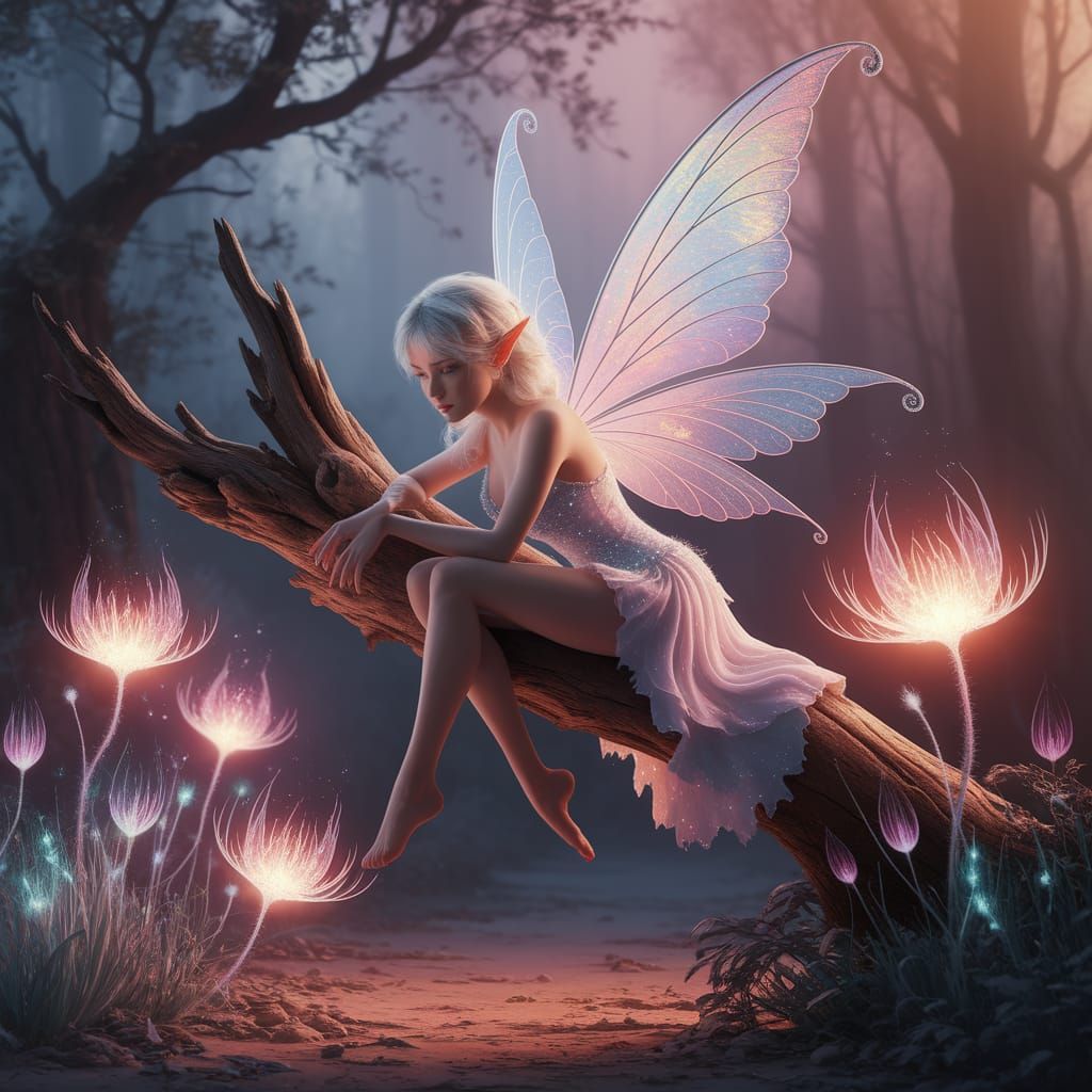  winter fairy with iridescent wings rests on a gnarled branch surrounded by glowing bioluminescent flowers. This digital matte painting styl...
