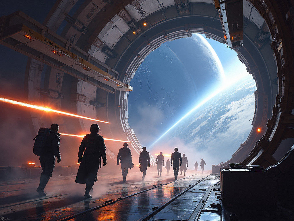 "(war :1.5) in space, (lasers:1.4), spacestation in space, people, futuristic, (planet outside window:1.3), Professional...