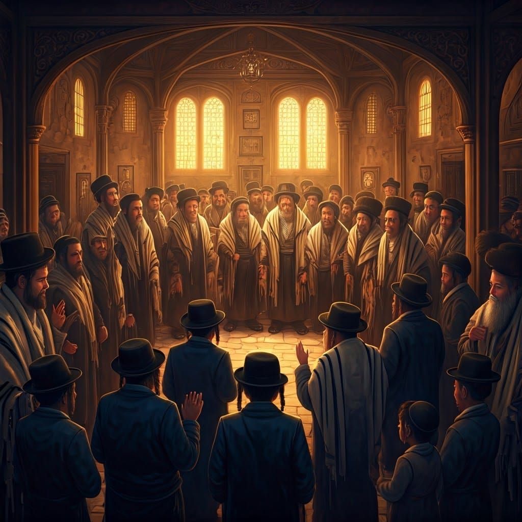 Hasidic Gathering in Traditional Courtyard