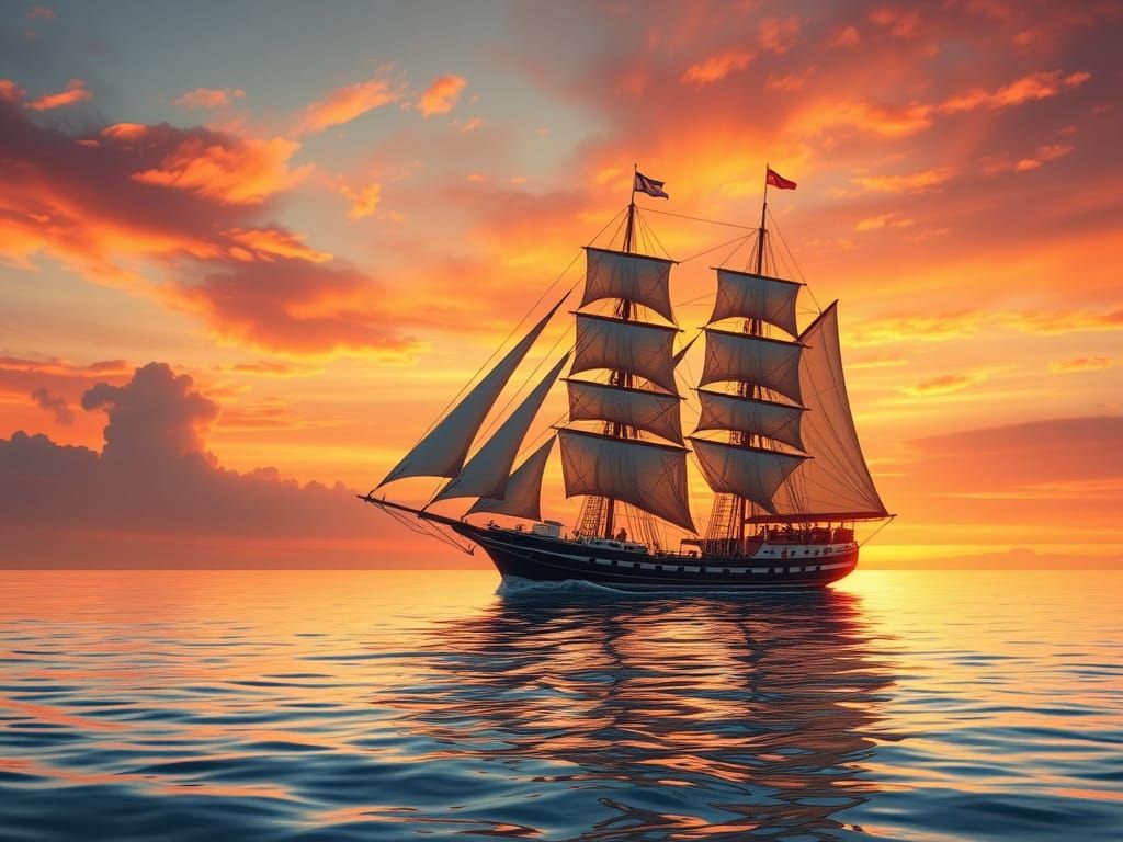 Beautiful tall ship in open waters sunset dances magical vivid colors oranges reds yellows golden  across ...  by @Sumikokeel