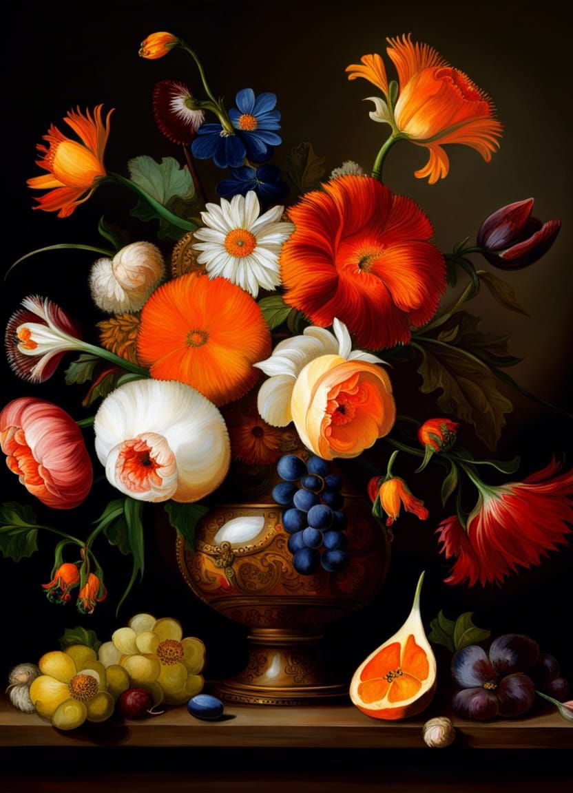 Flowers, Still life, elegant, by Jan Davidsz. de Heem, Warm + Deep colors, Vibrant, Highly detailed, Royal, Arrangement,