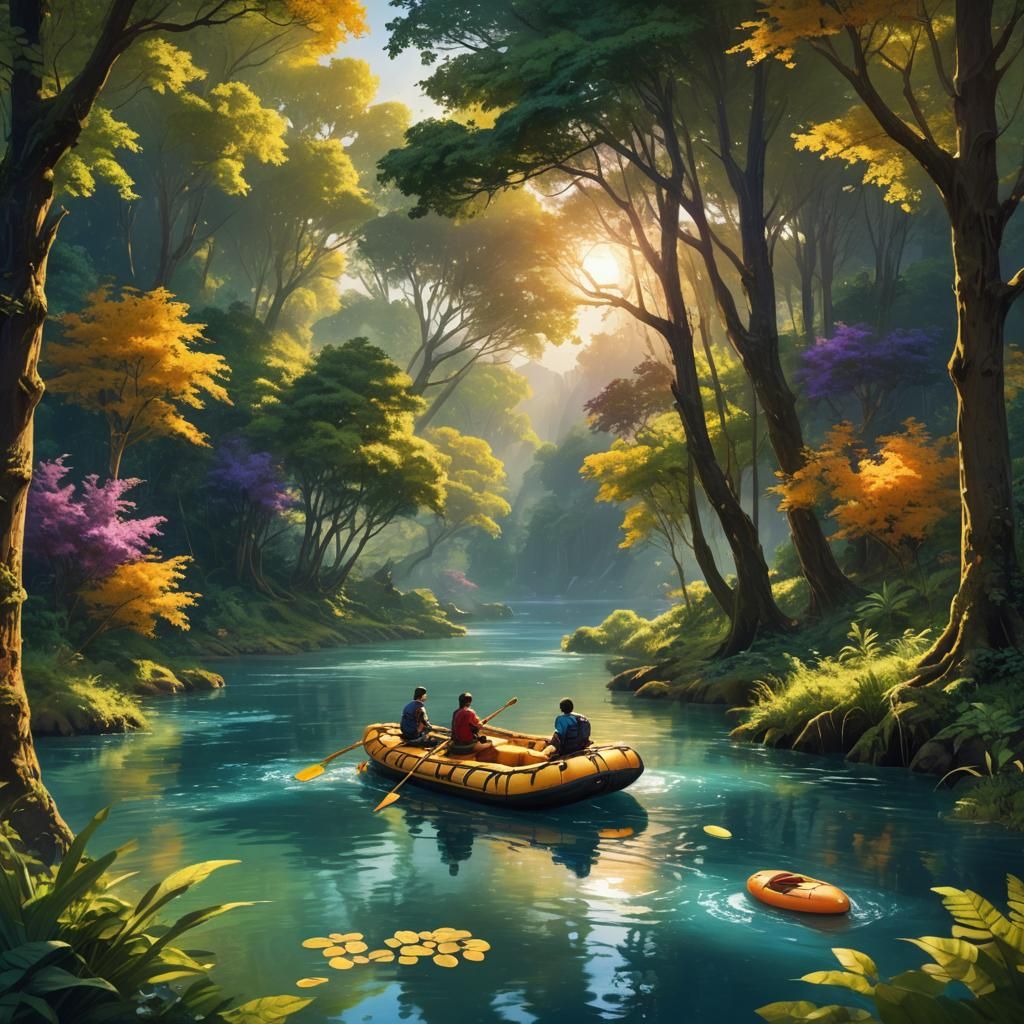 Raft Floating Down Serene River in Fantasy Art