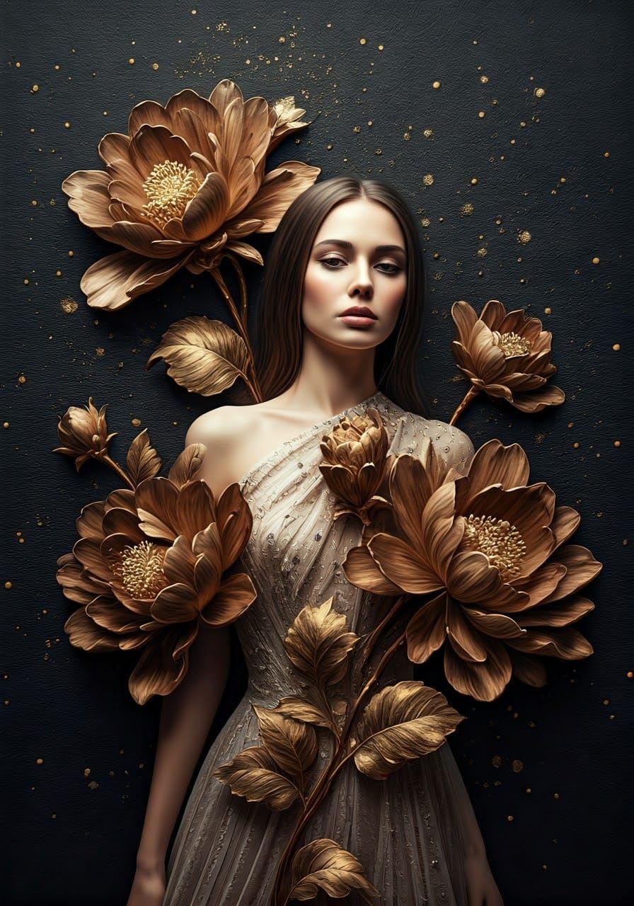 black textured canvas, with raised abstract brown flowers with golden accents catching the light beautifully. ...  by @Ima