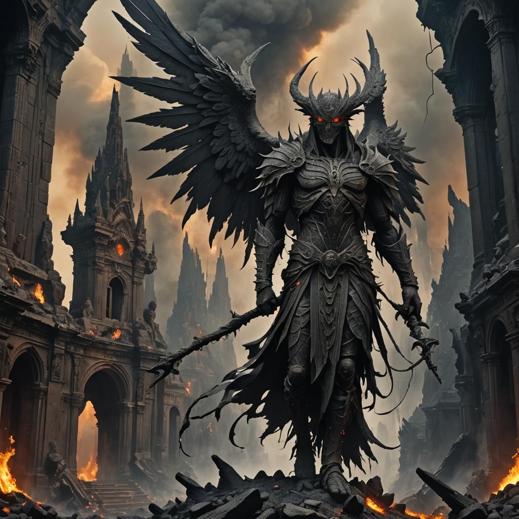 Godlike Figure in Volcanic Cityscape