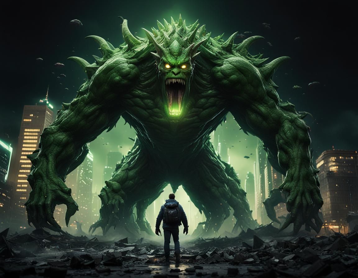 full body shot, large green plantlike monster, destroying city, epic ...