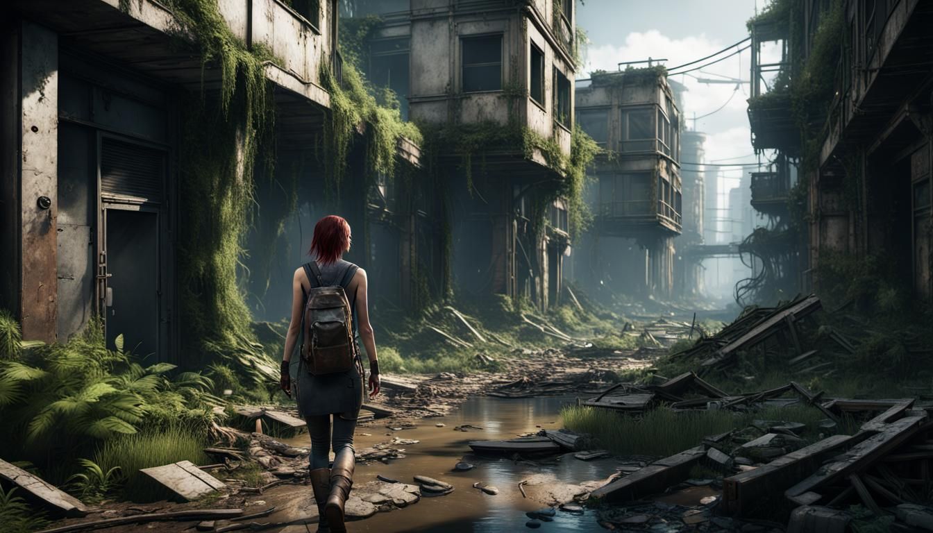 woman walking through an apocalyptic city reclaimed by natur...
