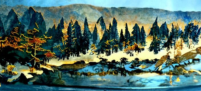 A beautiful Chinese ink wash painting of a river in a native...