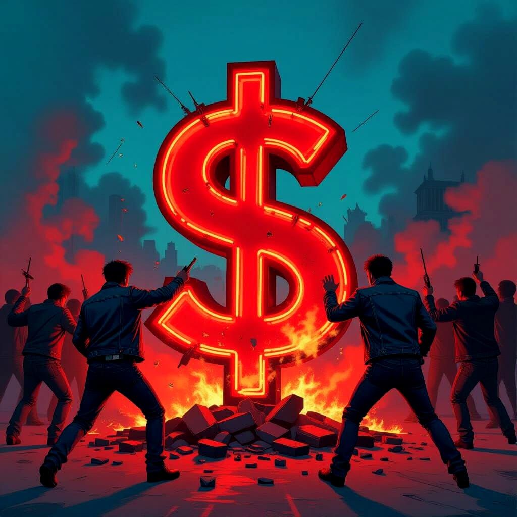 A huge Neon Sign shaped like this "$", angry people smashing it down, contrasting colors thermal imaging, max ernst

