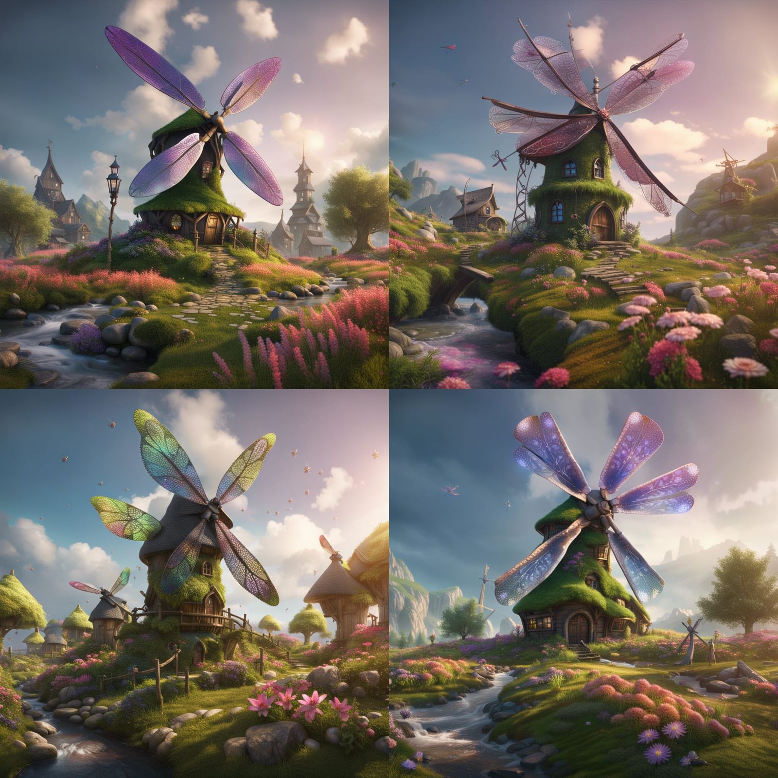 Dragonfly wing windmill in elven village