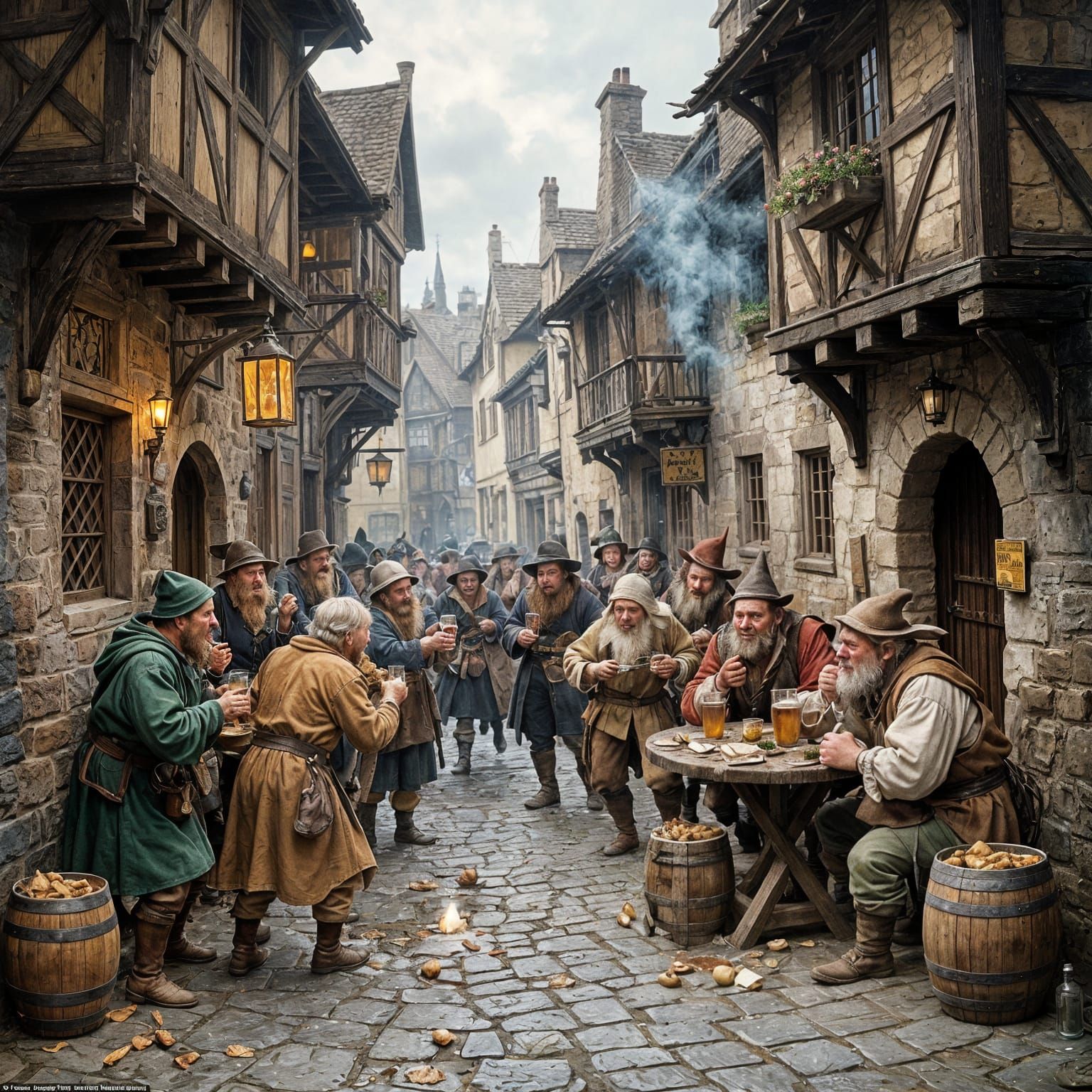 A murky medieval alleyway beside a raucous tavern, painted in the style of Pieter Bruegel the Elder. ...  by @PWC Digital Art