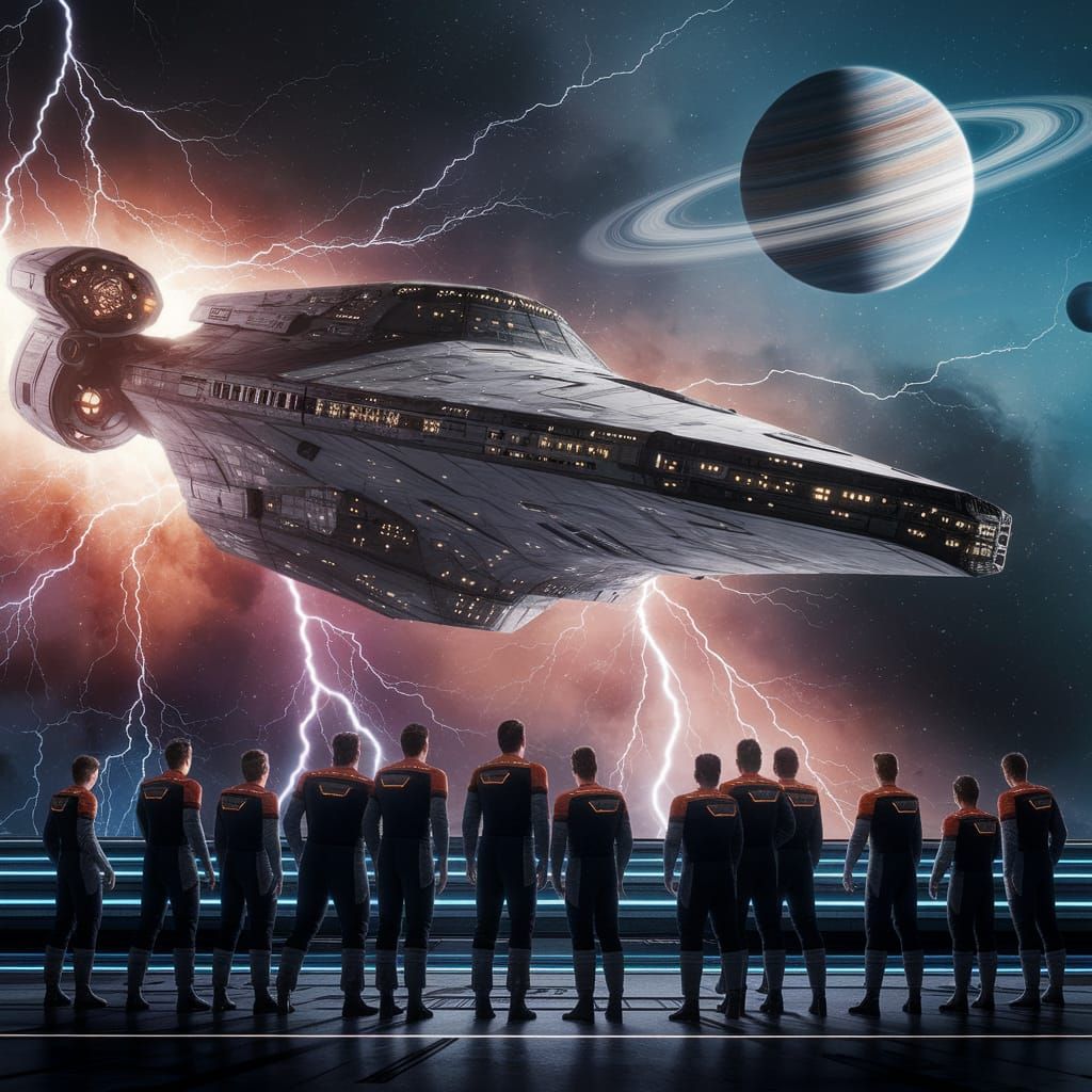 A massive starship pierces through a cosmic storm, its hull lit by lightning and swirling stardust. On ...  by @undefined