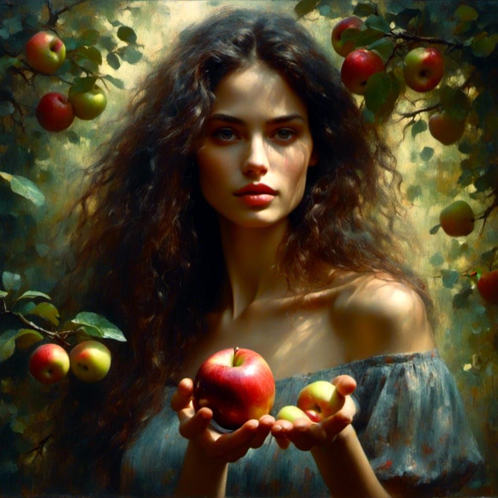<lora:Dark and Light paint:1.0> woman with apple