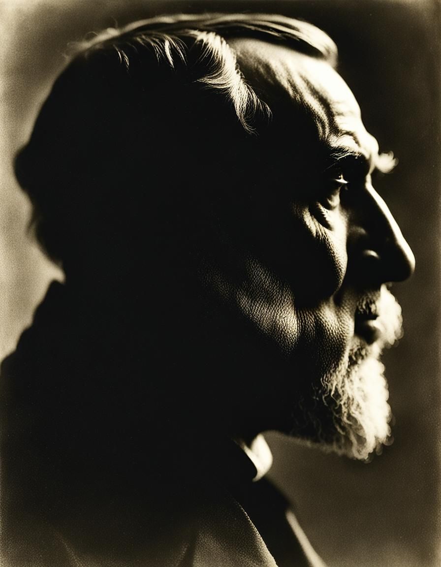 Portrait of Rodin in profile, grainy, gritty, soft, silhouet...