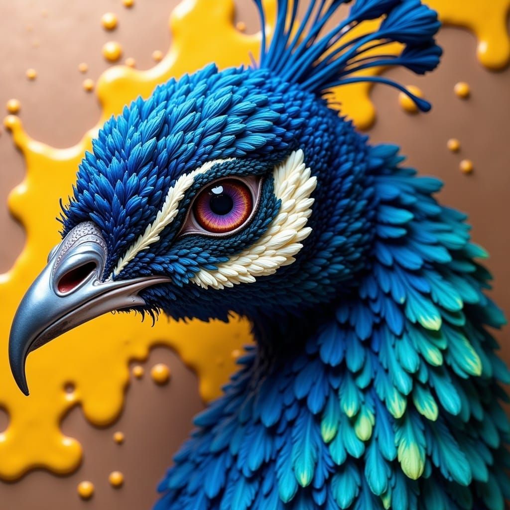 intense covering watercolor painting, opaque Feathers, dripping fluorescent yellow and Bronze surface, rich vivid colors, Lavender colored d...