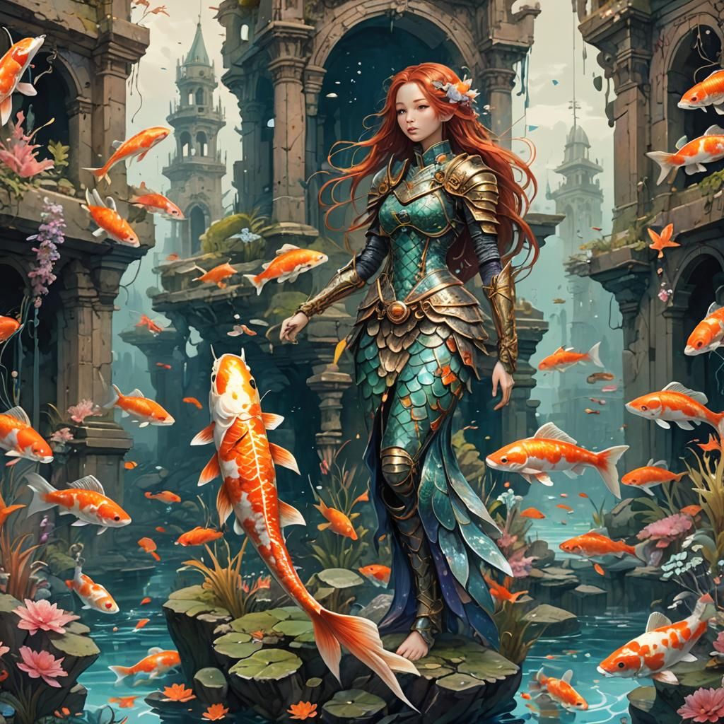 (full body shot of a koi mermaid wears a knight armour the ruins of a ...