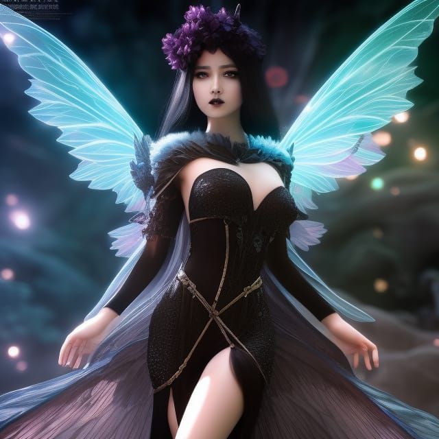 Gothic black crystal fairy, black Fairy wings, 8k resolution...