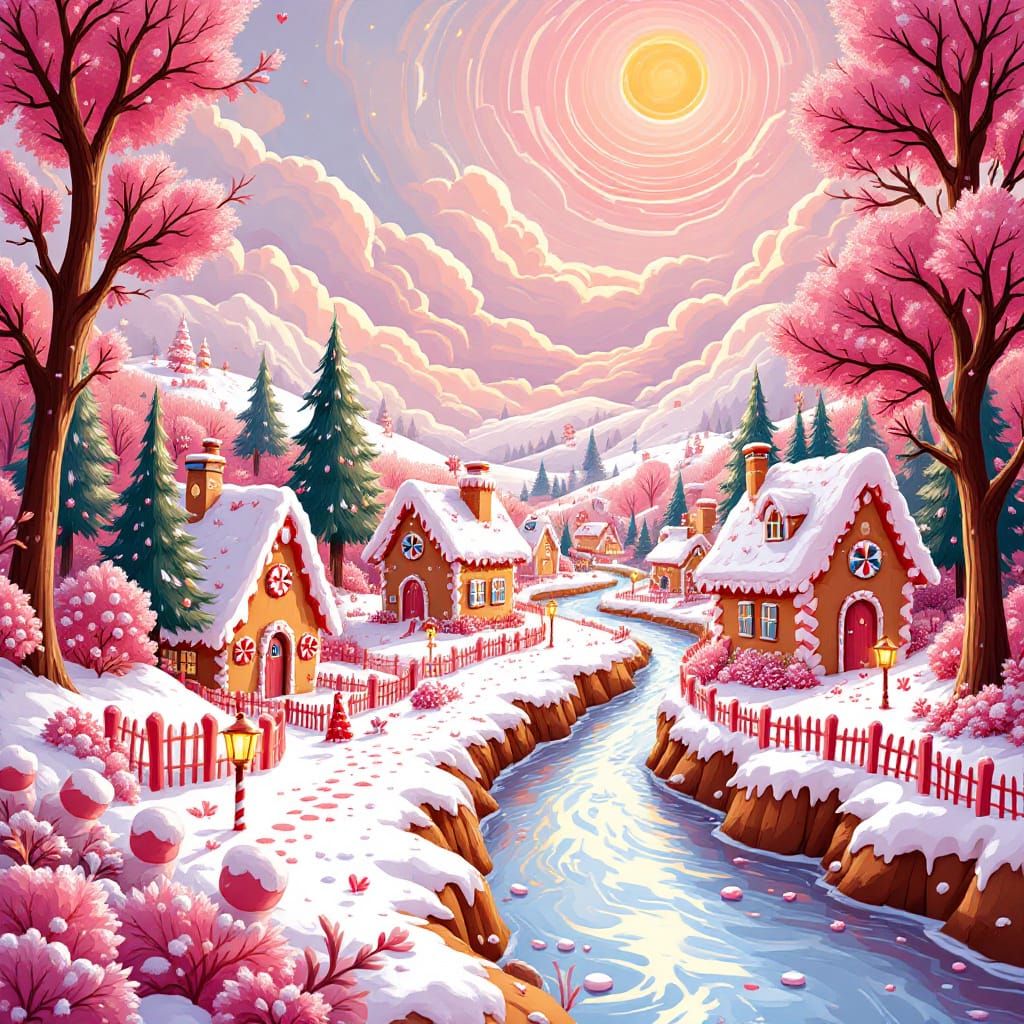 A whimsical gingerbread village nestled amongst rolling hills of marshmallow fluff and peppermint stick ...  by @Eclectic shambles