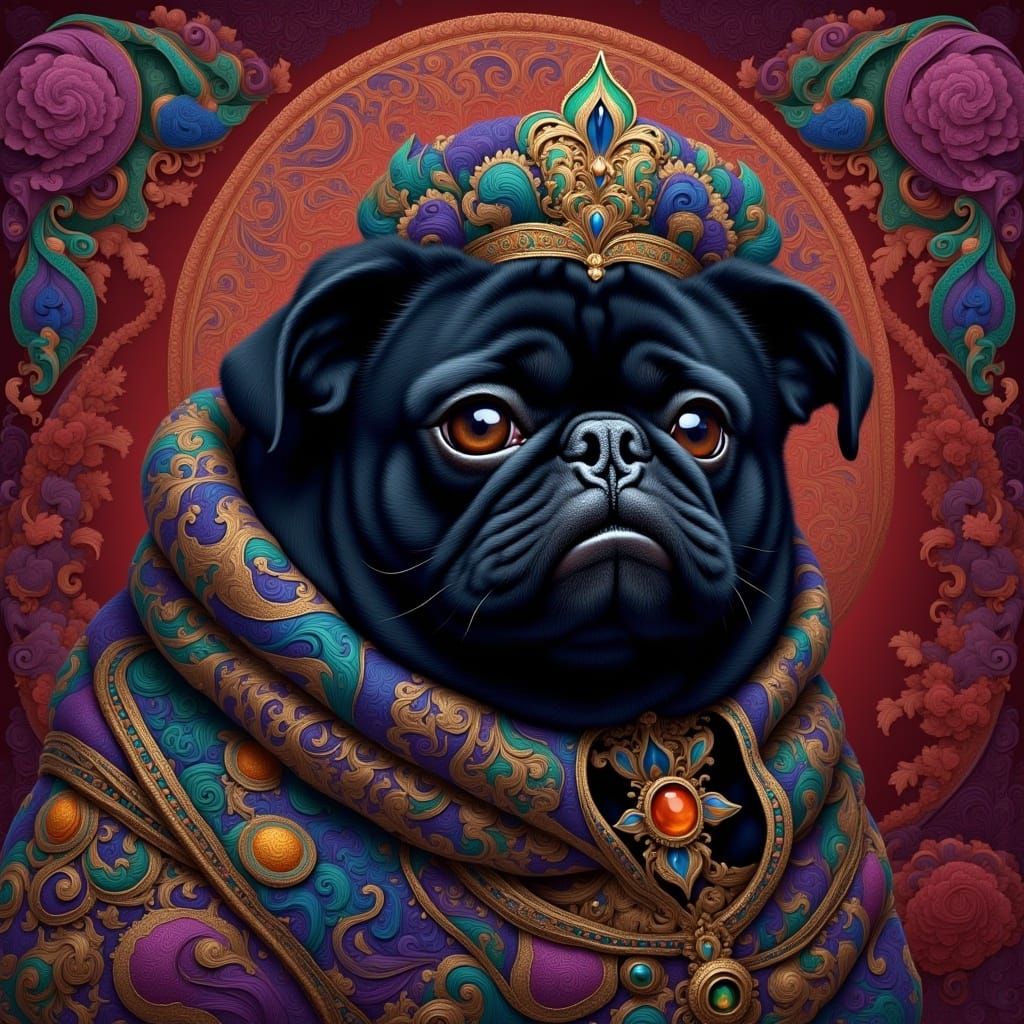 A paisley black pug <lora:Paisley Powers II:1.0> 