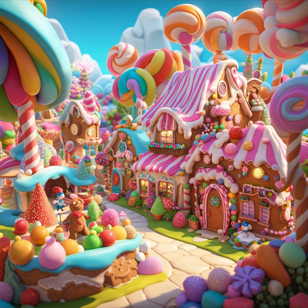 Candyland shop with candcane lamps, smurf village, gum drop awning, gingerbread men customers in whimsical ...  by @HelenaMux