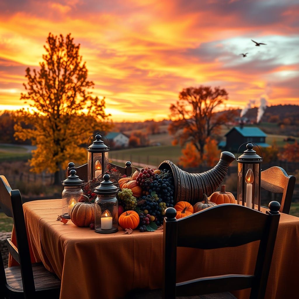 "Create a warm and inviting image of a festive harvest table set under a vibrant autumn sky at dusk. ...  by @Chris