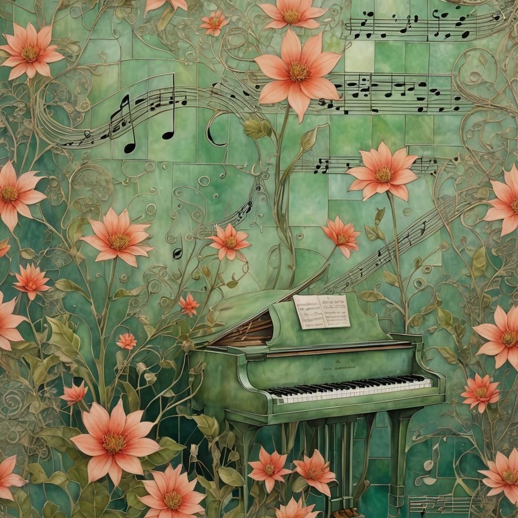 Abstract Woman Portrait with Music Notes in Textile Art Styl...