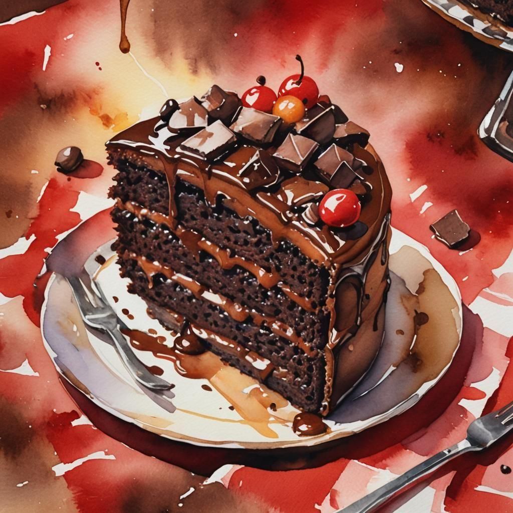 watercolor painting of a chocolate cake on a red cloth, delicious