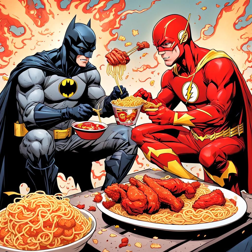 The Flash eating ramen and Batman  eating fried chicken