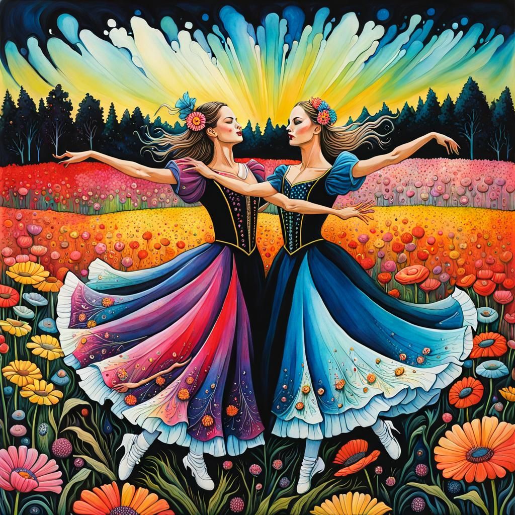 Two detailed bizzare beautiful dancers dancing in a flower f...