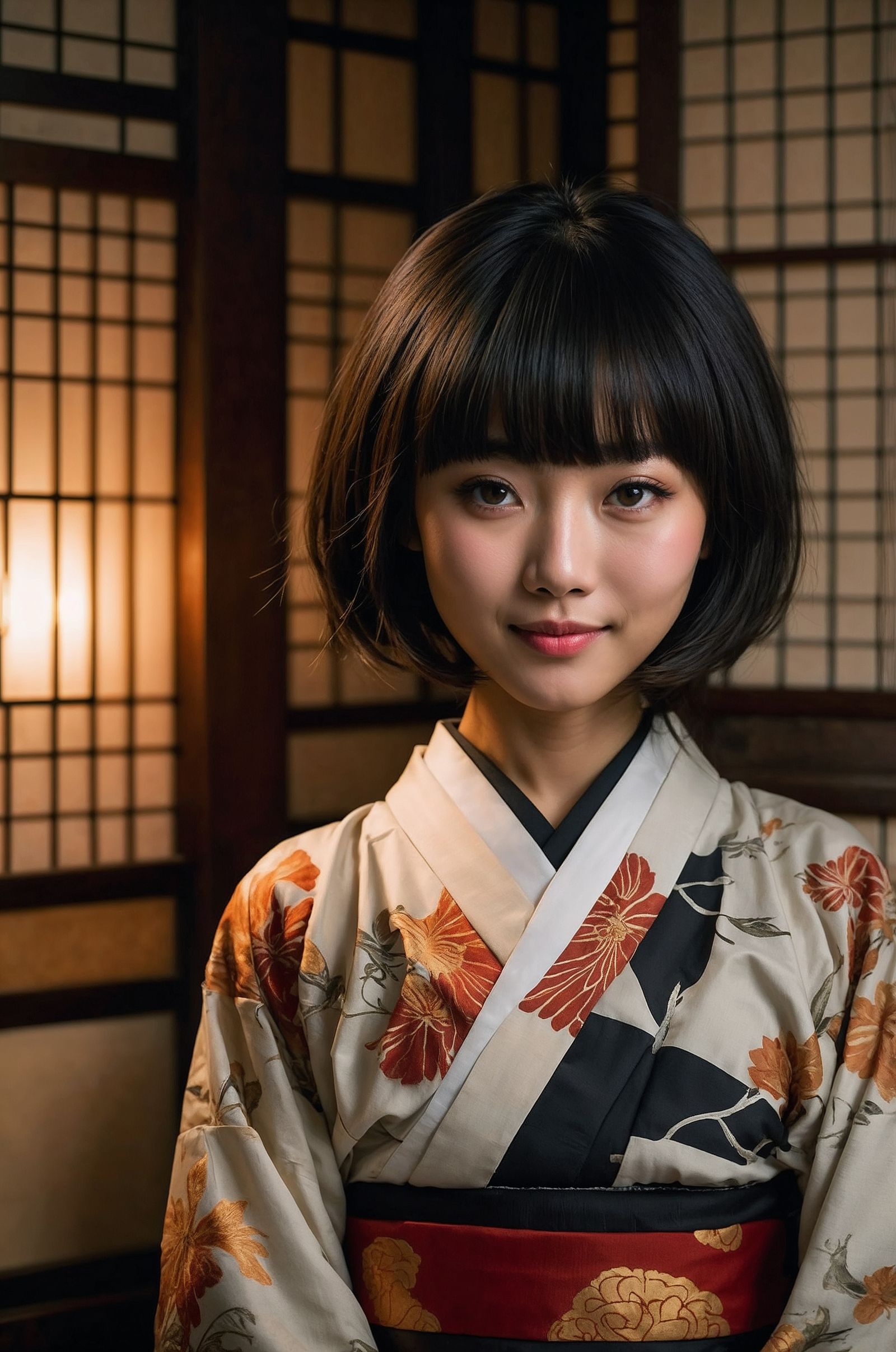 Adult Japanese Girl in a Teahouse with Charming Chibi Eyes
