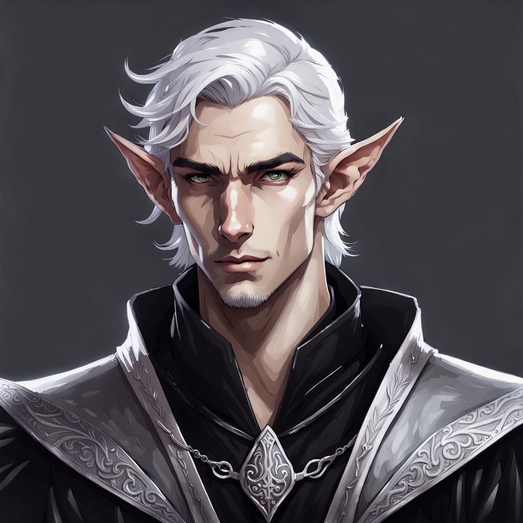 Male half elf in black gown with cropped ears, silver eyes a...
