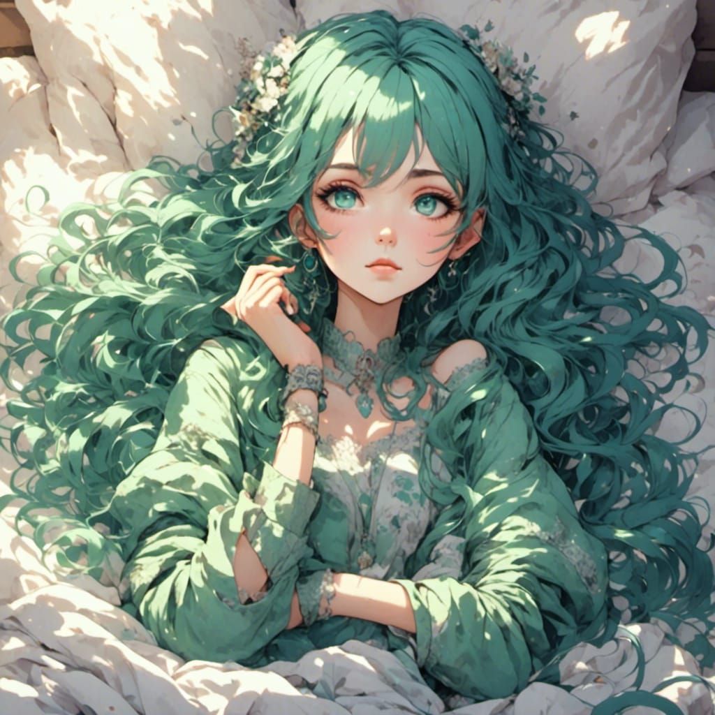 Kawaii Anime Girl with Blue Hair in Bed
