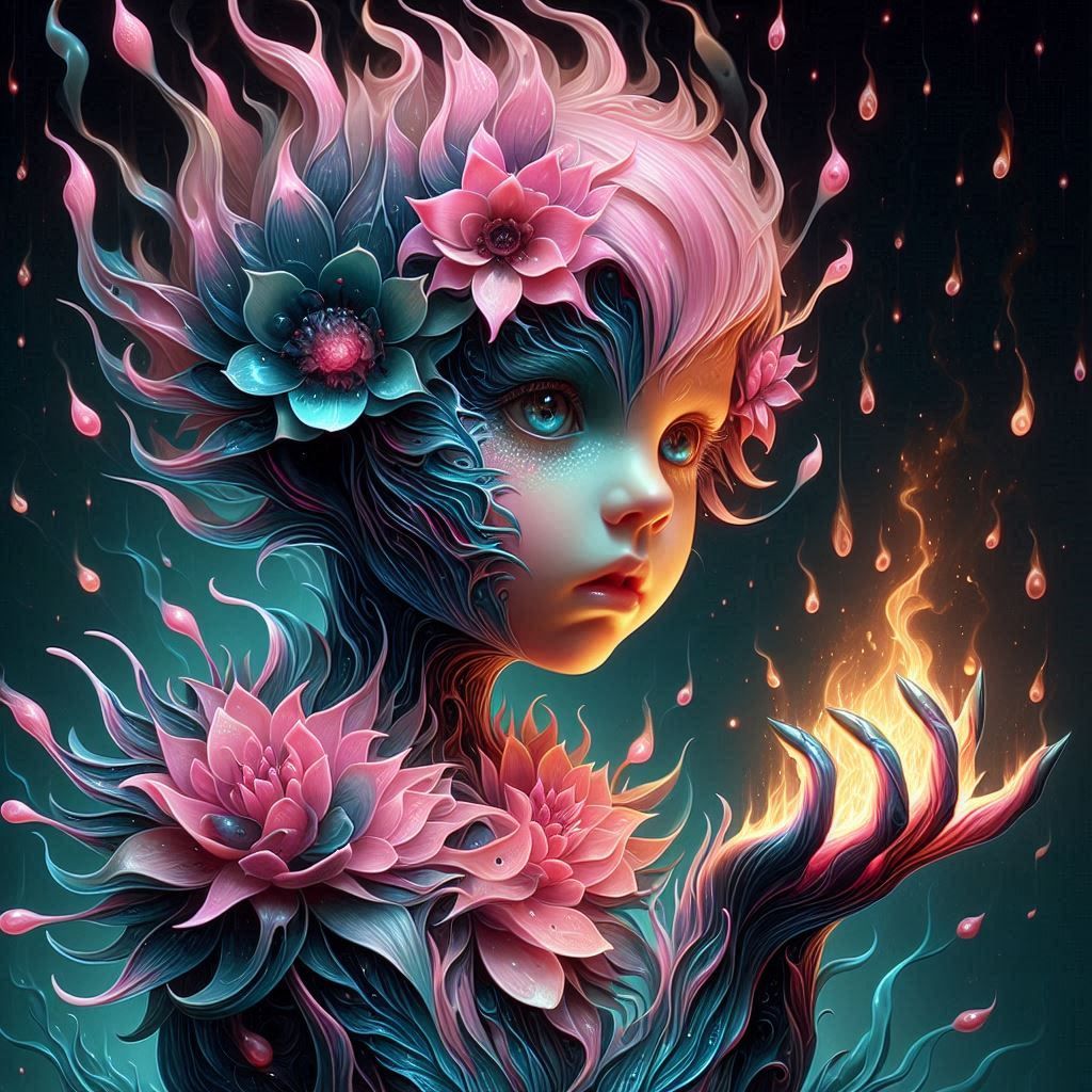 Pink Teal Fire Petal Girl